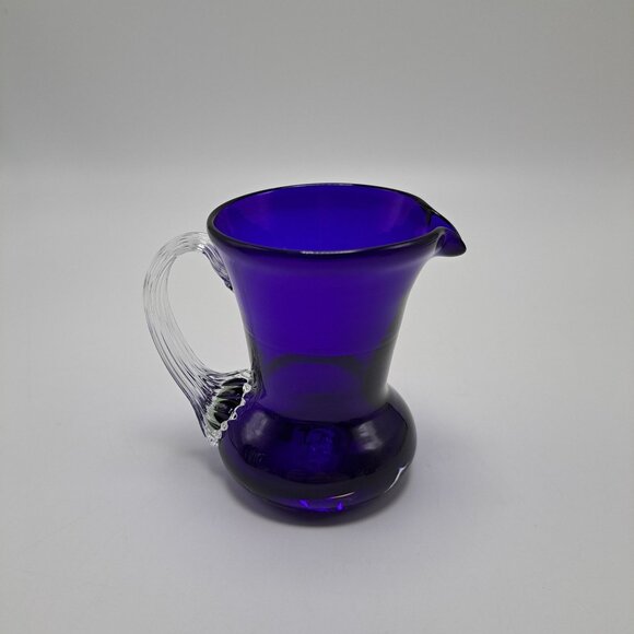 Pilgrim Glass Blue Pitcher Vase Creamer With Clear Ribbed Handle - Picture 3 of 10